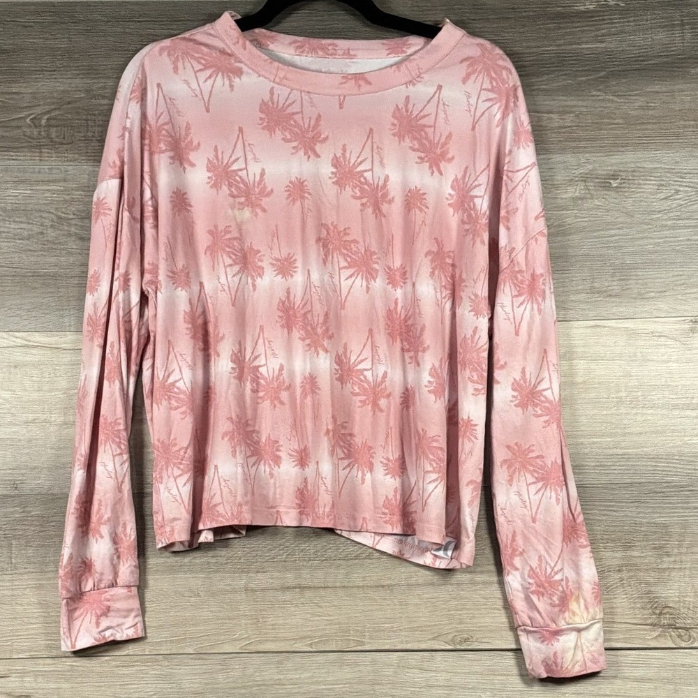 Hurley Women's M Pink Palm Tree Print Long Sleeve Relaxed Beach Top - Picture 1 of 4